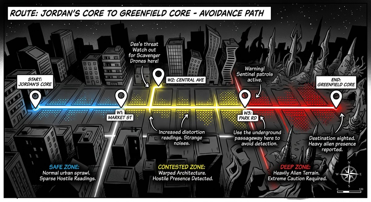 Route map – the twelve-block path from Jordan’s Core to Greenfield, showing the three transformation zones (safe, contested, deep) and threat density along the route