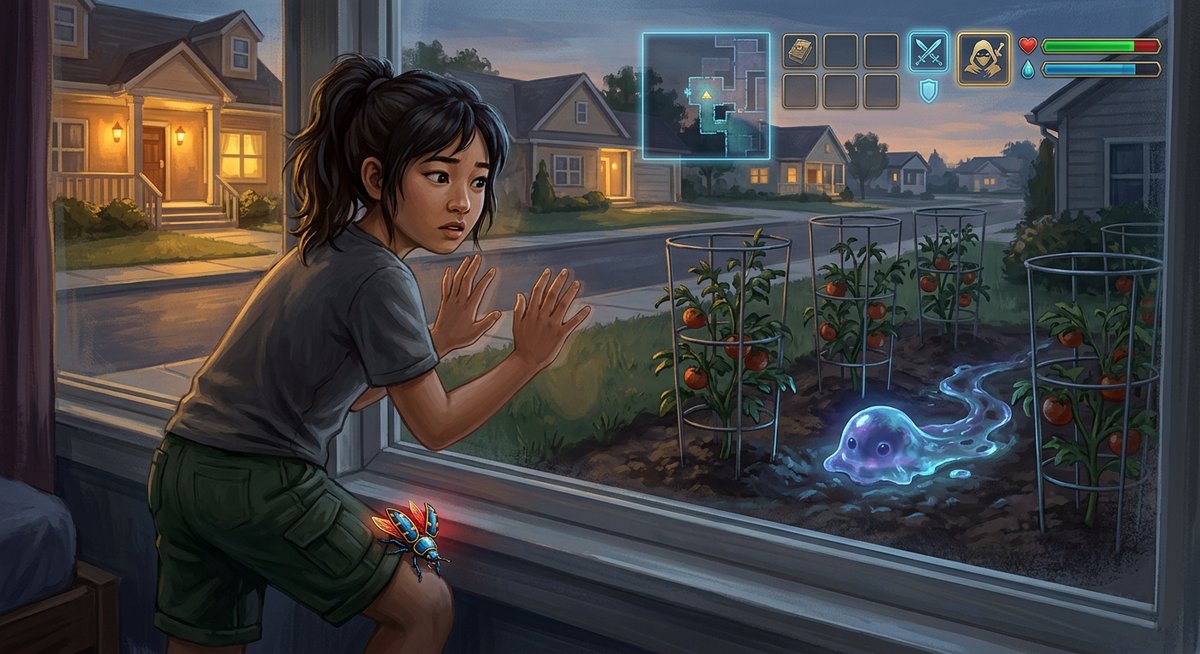 Maya’s bedroom window view at dusk – the ordinary suburban street with warm porch lights and garden shadows, and a single unmistakable slime trail glowing faintly between Mrs. Huang’s tomato cage rows, the mundane and the impossible overlapping in one quiet frame