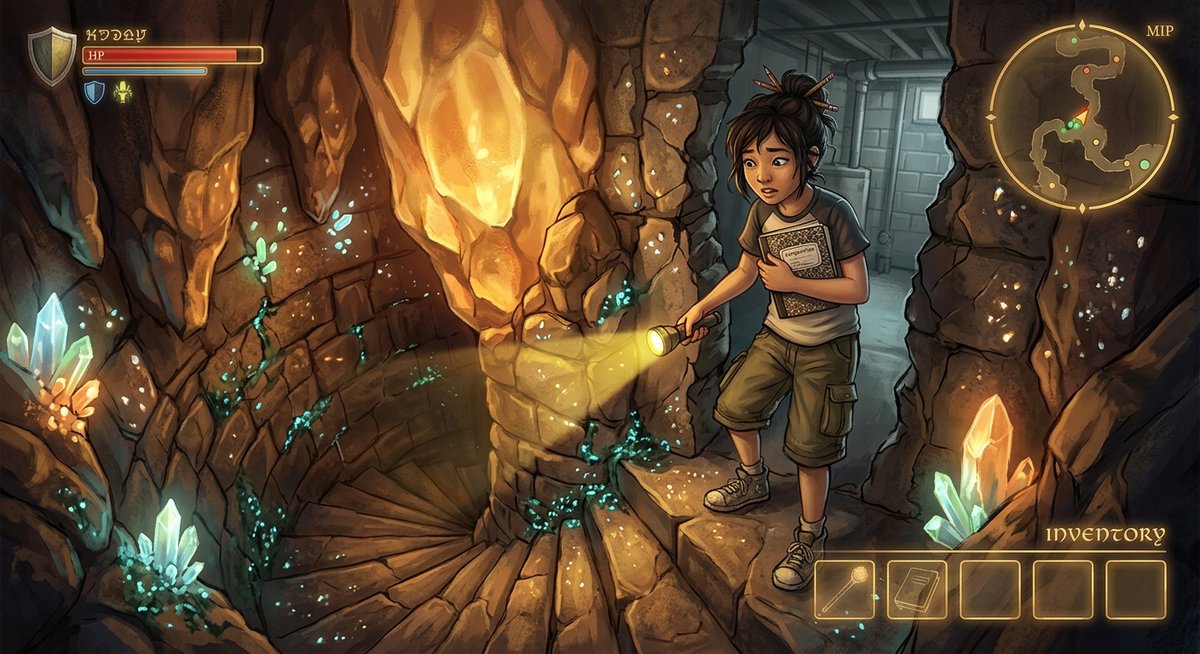 Maya at the top of the stone staircase, flashlight beam cutting into darkness below, composition notebook clutched to her chest