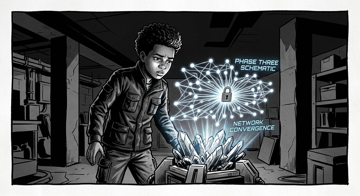 Jordan at the Core, the crystal surface showing the Phase Three schematic – every Core in the network connected by light-lines, all converging on the rift’s lock mechanism, a final pulse radiating outward