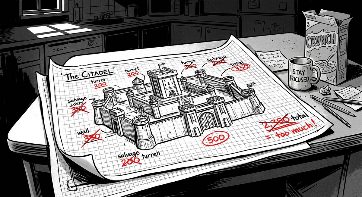 Jordan’s blueprint of The Citadel spread across the kitchen table, with salvage costs annotated in red that clearly exceed their budget