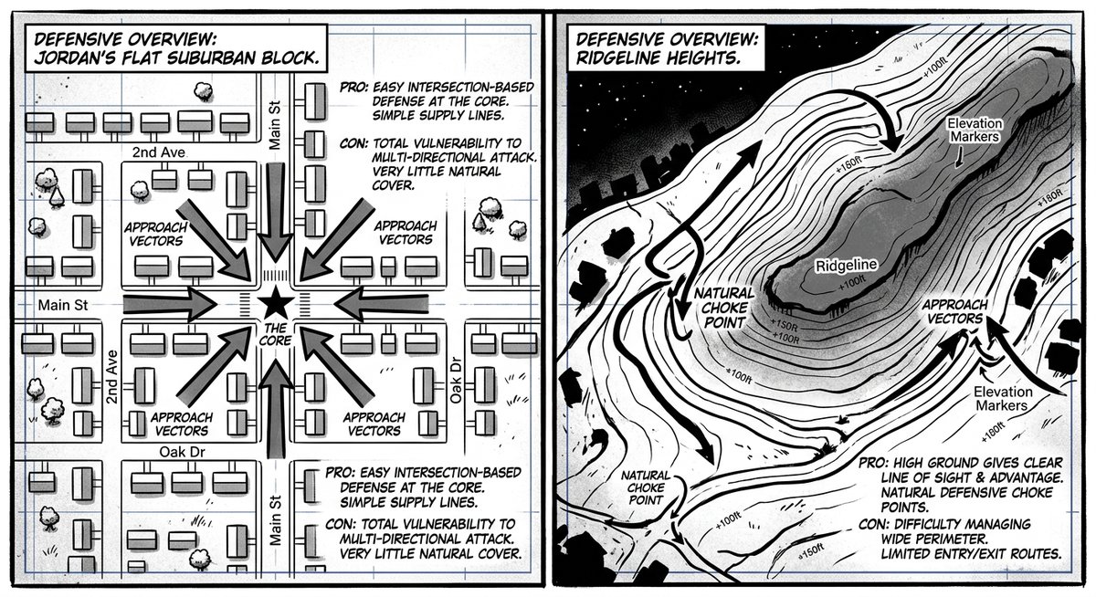 Neighborhood comparison map showing Jordan’s flat block versus the Ridgeline Heights terrain with elevation markers, approach vectors, and natural choke points in a side-by-side tactical assessment