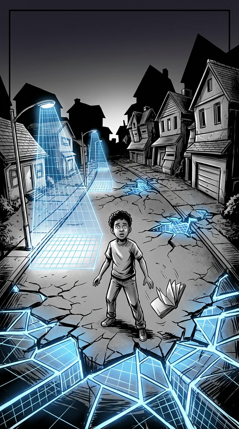 The neighborhood mid-transformation — streets cracking into geometric patterns, streetlights projecting blue holographic light, normal houses warping into fortified shapes