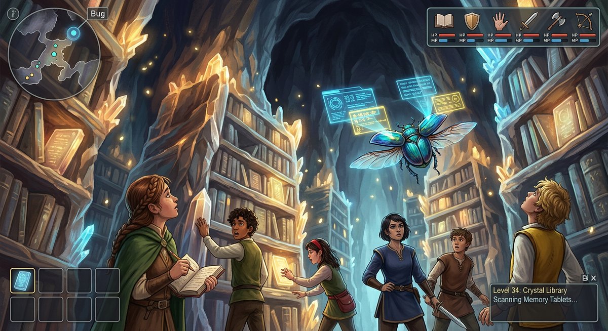 The crystal library of Floor 34 – towering shelves of striated stone reaching toward a translucent crystalline ceiling, stone tablets glowing on every shelf in warm amber light, Bug flying between the columns projecting overlapping data, and the party standing at the entrance looking upward in awe at a chamber that dwarfs them