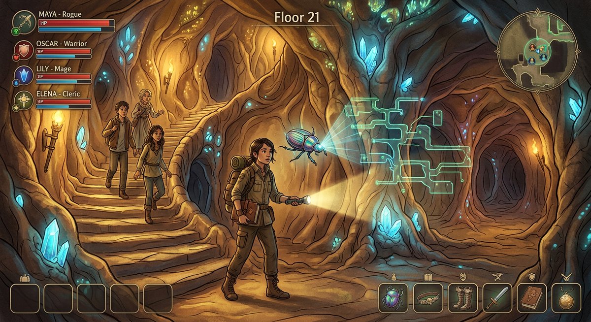 The staircase below Floor 20, spiraling downward into amber-gold light. The walls are organic, curved, veined with pulsing luminescence. Steps reshape themselves beneath the party’s feet, each one slightly different from the last. Maya leads the descent, notebook tucked under one arm, Bug glowing on her shoulder. The architecture is grown rather than built – no straight lines, no sharp angles, everything curved and breathing and alive. Behind the party, the staircase has already begun to change shape, the steps they climbed down rearranging into new configurations