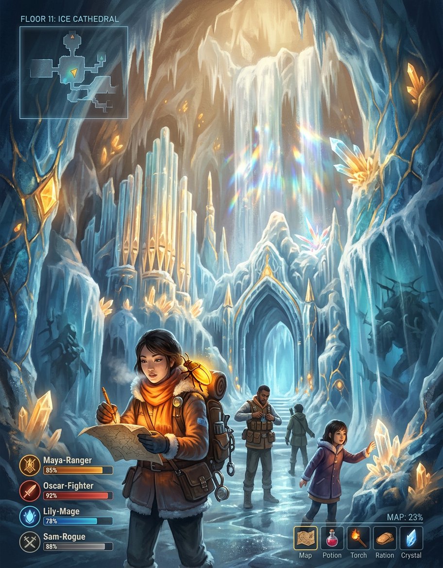 The ice cathedral of Floor Eleven stretches into blue-white infinity – frozen waterfalls suspended in mid-cascade, crystal formations humming like organ pipes, corridors of transparent ice revealing dark shapes frozen within the walls. Maya sketches with numb fingers in the foreground, her breath crystallizing in the air. Bug glows deep gold on her shoulder, radiating warmth that scatters prismatic light through the frozen landscape. Oscar and Lily are tiny figures behind her, dwarfed by the cavern’s impossible scale