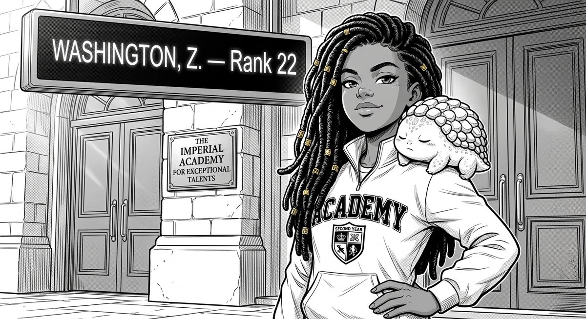 Character portrait of Zara Washington, a 12-year-old Black girl with dark skin and thick waist-le…
