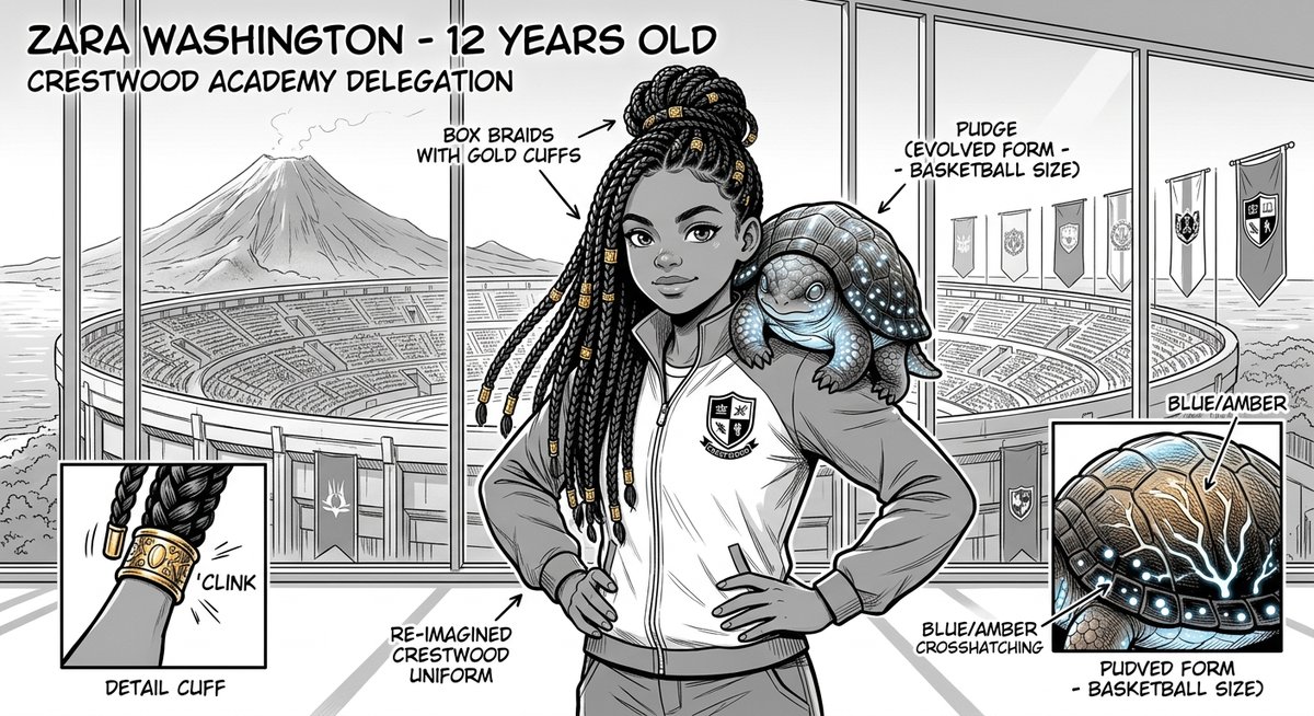 Character portrait of Zara Washington, a 12-year-old Black girl with dark skin and waist-length b…