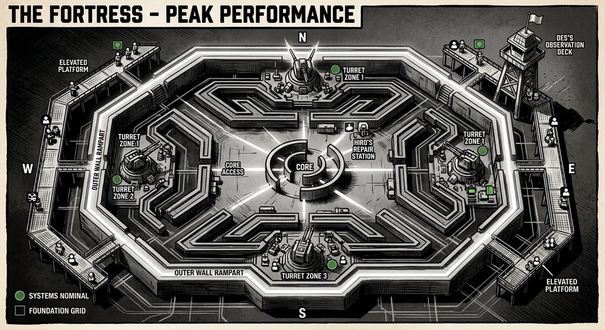 The Fortress at peak performance: a top-down tactical map showing the outer wall ring intact, interior channels directing flow to turret kill zones, the foundation grid humming beneath the surface, elevated platforms at the perimeter, Des’s observation tower at the northeast corner, Hiro’s repair station at the center, and the spiral wall glowing with the Core’s steady light – every system green, every position manned, a snapshot of confidence about to be shattered