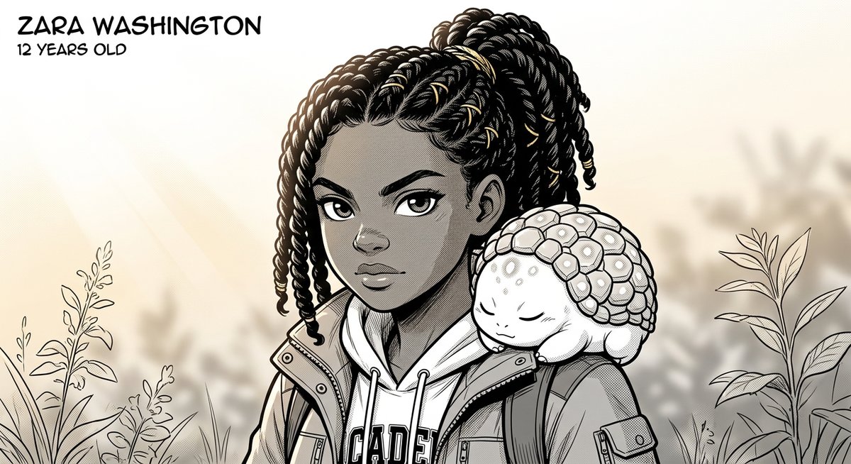 Character portrait of Zara Washington, a 12-year-old Black girl with dark skin and medium-length …